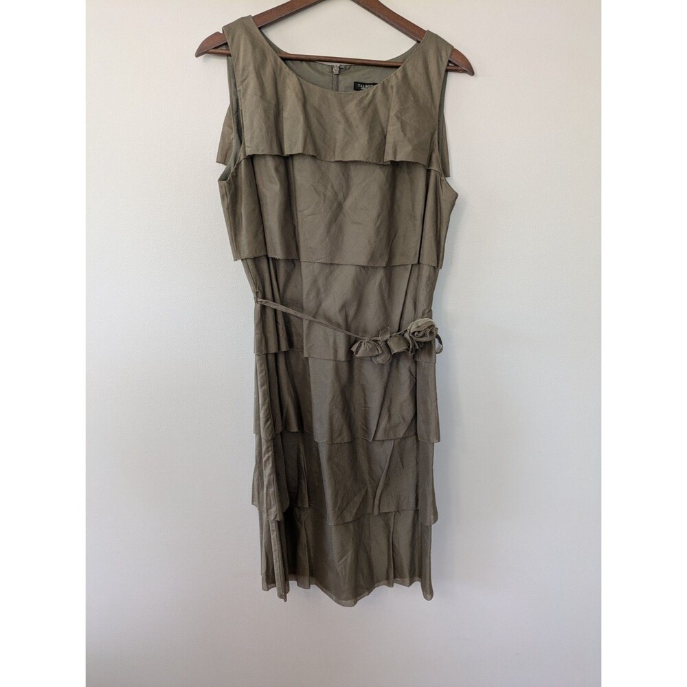 Talbots Womens Dress Olive Green Tiered Belted Layered Ruffle Party Guest 12 NWT